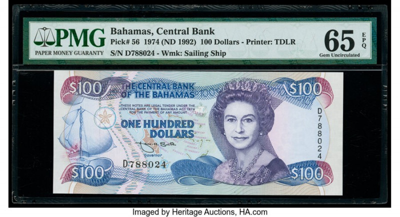 Bahamas Central Bank 100 Dollars 1974 (ND 1992) Pick 56 PMG Gem Uncirculated 65 ...