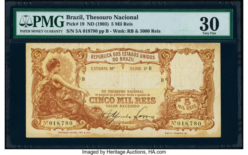 Brazil Thesouro Nacional 5 Mil Reis ND (1903) Pick 19 PMG Very Fine 30. An allur...