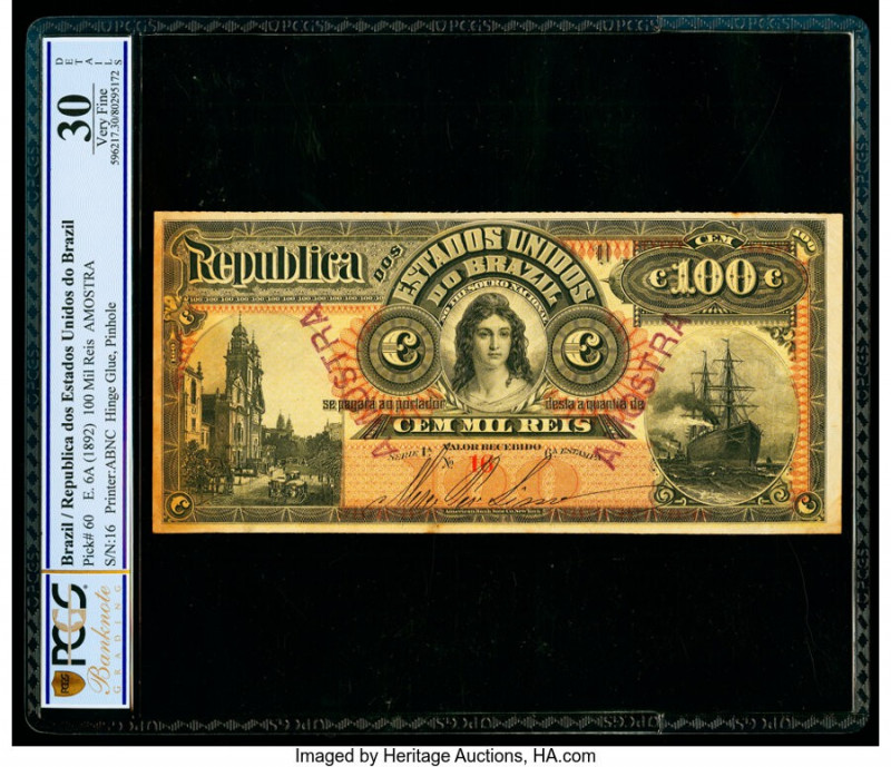 Brazil Thesouro Nacional 100 Mil Reis ND (1892) Pick 60s Specimen PCGS Banknote ...