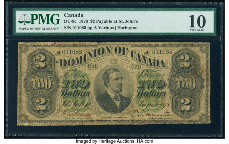 Canada Dominion of Canada, St. John's $2 1.6.1878 DC-9c PMG Very Good 10. An elu...