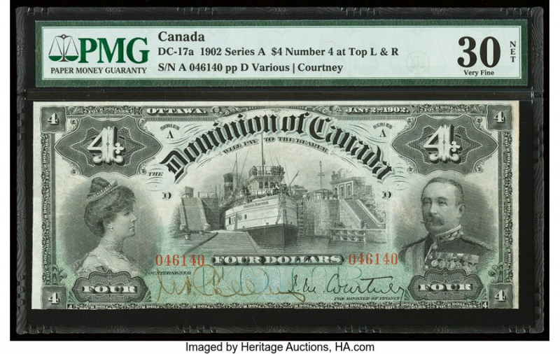 Canada Dominion of Canada $4 2.1.1902 DC-17a PMG Very Fine 30 Net. Easily the sc...