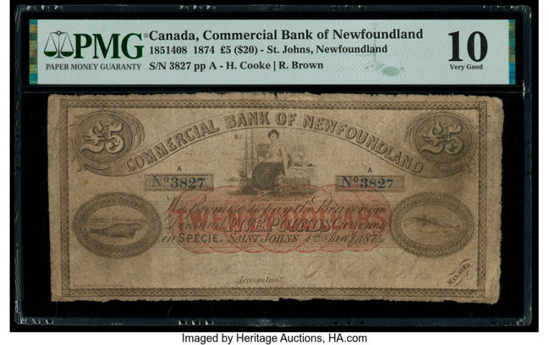 Canada St. Johns, NF- Commercial Bank of Newfoundland 5 Pounds ($20) 1.1.1874 Ch...