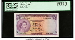 Ceylon Central Bank of Ceylon 5 Rupees 3.6.1952 Pick 51 PCGS Superb Gem New 67PPQ. Simply outstanding originality is present on this popular and rare ...