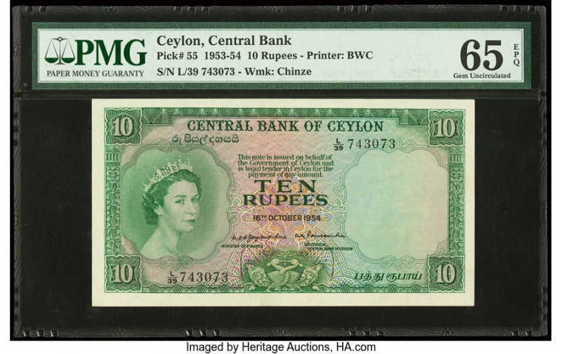 Ceylon Central Bank of Ceylon 10 Rupees 16.10.1954 Pick 55 PMG Gem Uncirculated ...