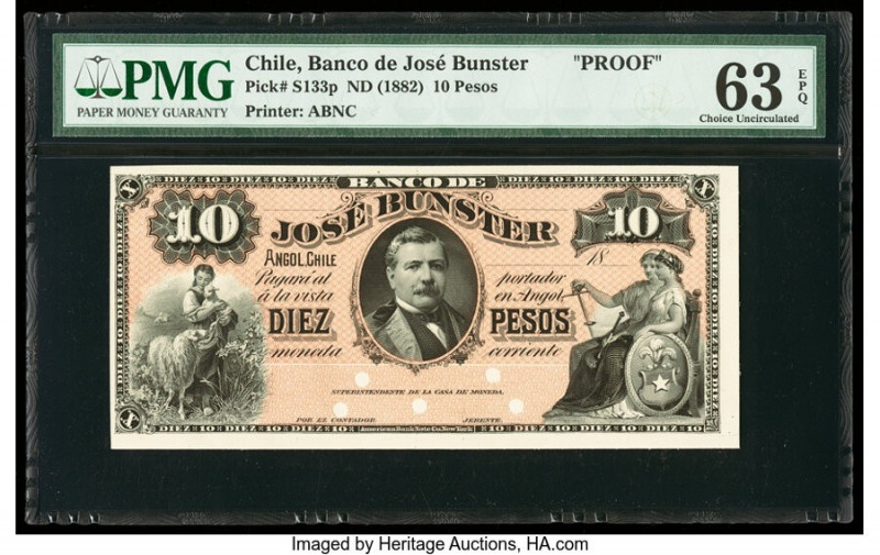 Chile Banco de Jose Bunster 10 Pesos ND (1882) Pick S133p Front Proof PMG Choice...