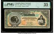 Colombia Banco Nacional de la Republica de Colombia 25 Pesos 4.3.1895 Pick 237 PMG Choice Very Fine 35. This scarce and desirable National Bank issue ...