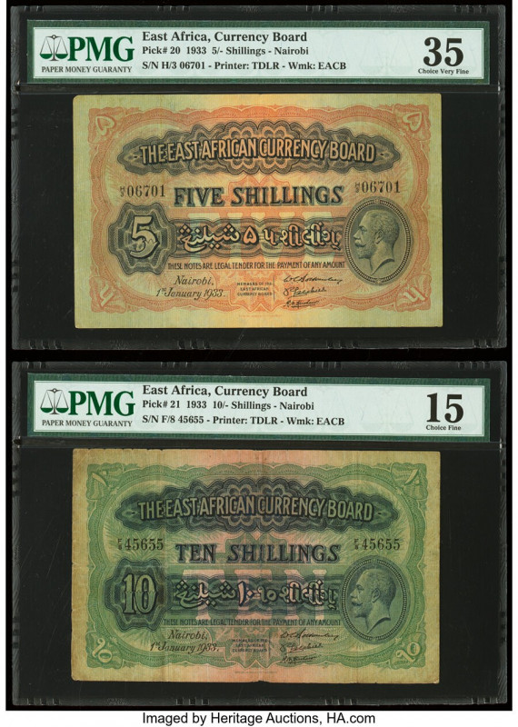 East Africa East African Currency Board 5; 10 Shillings 1.1.1933 Pick 20; 21 Two...