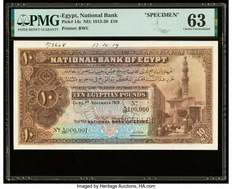 Egypt National Bank of Egypt 10 Pounds 7.11.1919 Pick 14s Specimen PMG Choice Un...