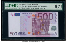 European Union Central Bank, Greece 500 Euro 2002 Pick 7y PMG Superb Gem Unc 67 EPQ. Greek Euro notes are relatively scarcer than those printed by mor...