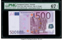 European Union Central Bank, Austria 500 Euro 2002 Pick 19An PMG Superb Gem Unc 67 EPQ. This scarce highest denomination Austrian notes features the s...