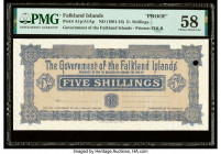 Falkland Islands Government of the Falkland Islands 5 Shillings ND (1901-16) Pick A1p/A1Ap Proof PMG Choice About Unc 58. This curious and certainly s...