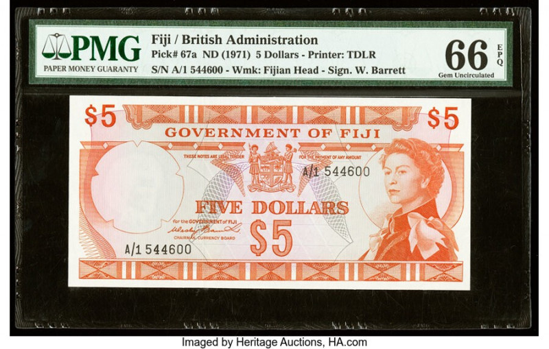 Fiji Government of Fiji 5 Dollars ND (1971) Pick 67a PMG Gem Uncirculated 66 EPQ...