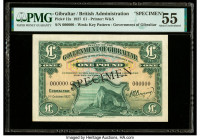 Gibraltar Government of Gibraltar 1 Pound 1.10.1927 Pick 12s Specimen PMG About Uncirculated 55. This handsome Specimen was created for the first date...