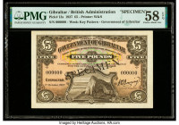 Gibraltar Government of Gibraltar 5 Pounds 1.10.1927 Pick 13s Specimen PMG Choice About Unc 58 EPQ. At the time of cataloging, this is the lone exampl...