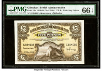 Gibraltar Government of Gibraltar 5 Pounds 1.5.1965 Pick 19a PMG Gem Uncirculated 66 EPQ. A simply beautiful, highest denomination note, rarely seen i...