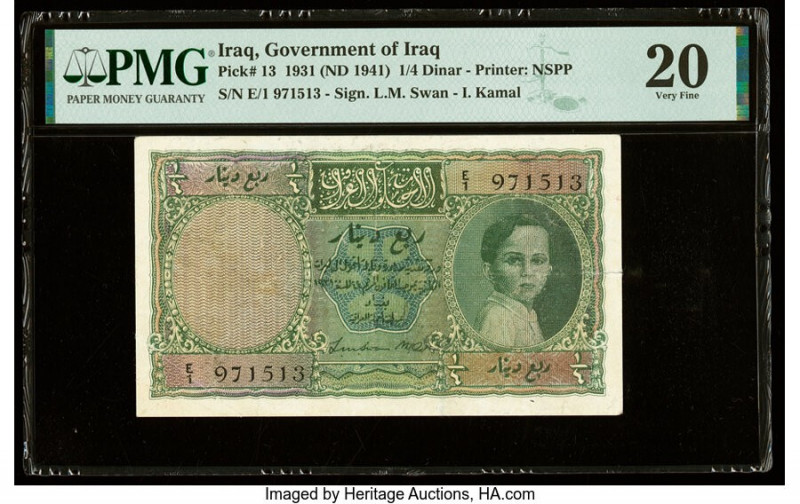 Iraq Government of Iraq 1/4 Dinar 1931 (ND 1941) Pick 13 PMG Very Fine 20. A sca...