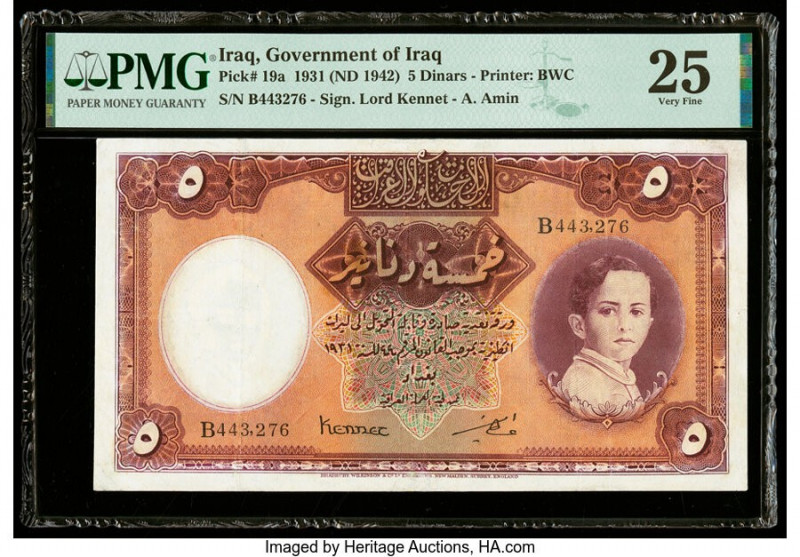 Iraq Government of Iraq 5 Dinars 1931 (ND 1942) Pick 19a PMG Very Fine 25. A lar...