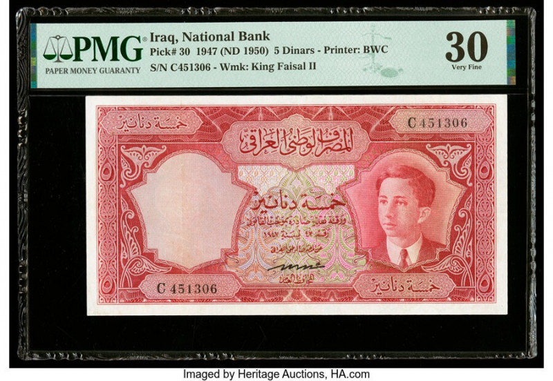 Iraq National Bank of Iraq 5 Dinars 1947 (ND 1950) Pick 30 PMG Very Fine 30. An ...