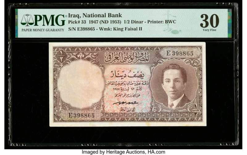 Iraq National Bank of Iraq 1/2 Dinar 1947 (ND 1953) Pick 33 PMG Very Fine 30. A ...