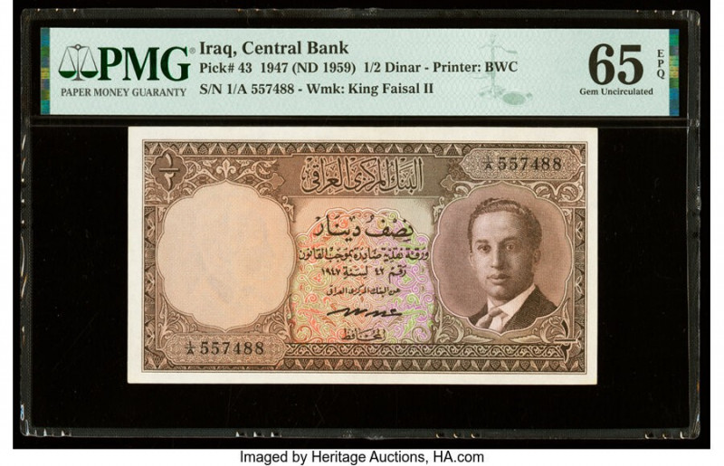 Iraq Central Bank of Iraq 1/2 Dinar 1947 (ND 1959) Pick 43 PMG Gem Uncirculated ...