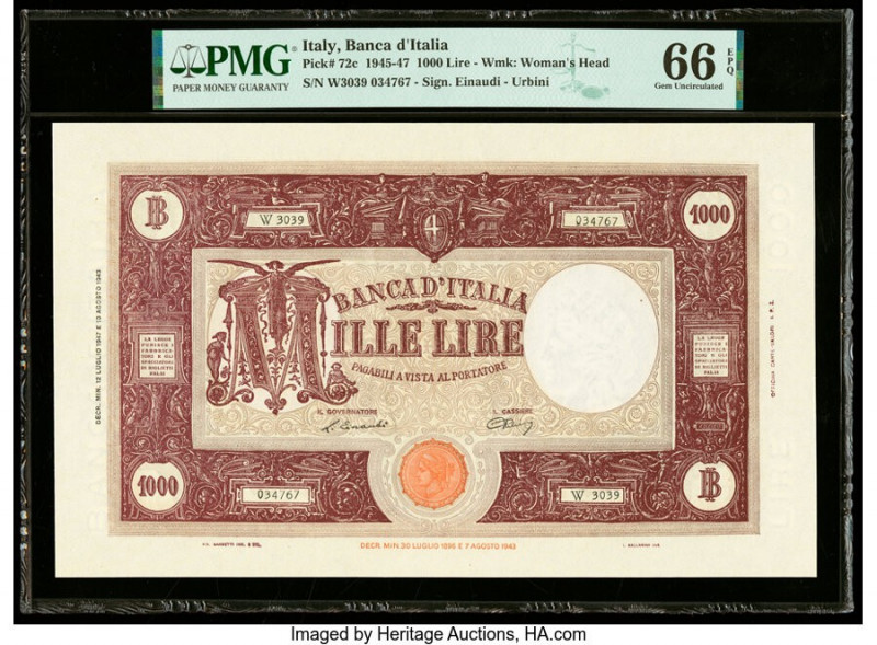 Italy Banco d'Italia 1000 Lire 12.7.1947 Pick 72c PMG Gem Uncirculated 66 EPQ. T...