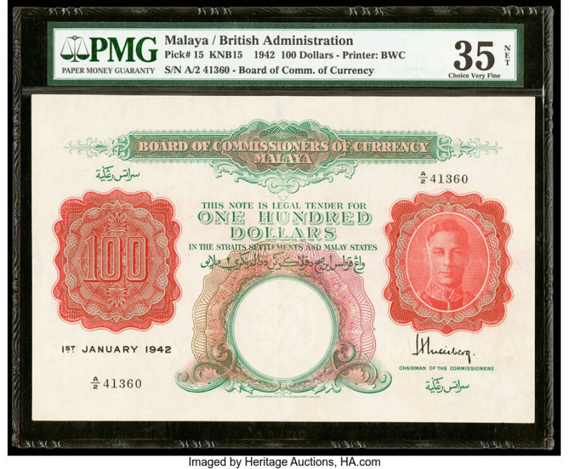 Malaya Board of Commissioners of Currency 100 Dollars 1.1.1942 (ND 1945) Pick 15...