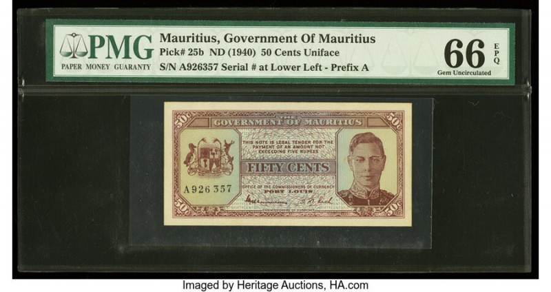 Mauritius Government of Mauritius 50 Cents ND (1940) Pick 25b PMG Gem Uncirculat...