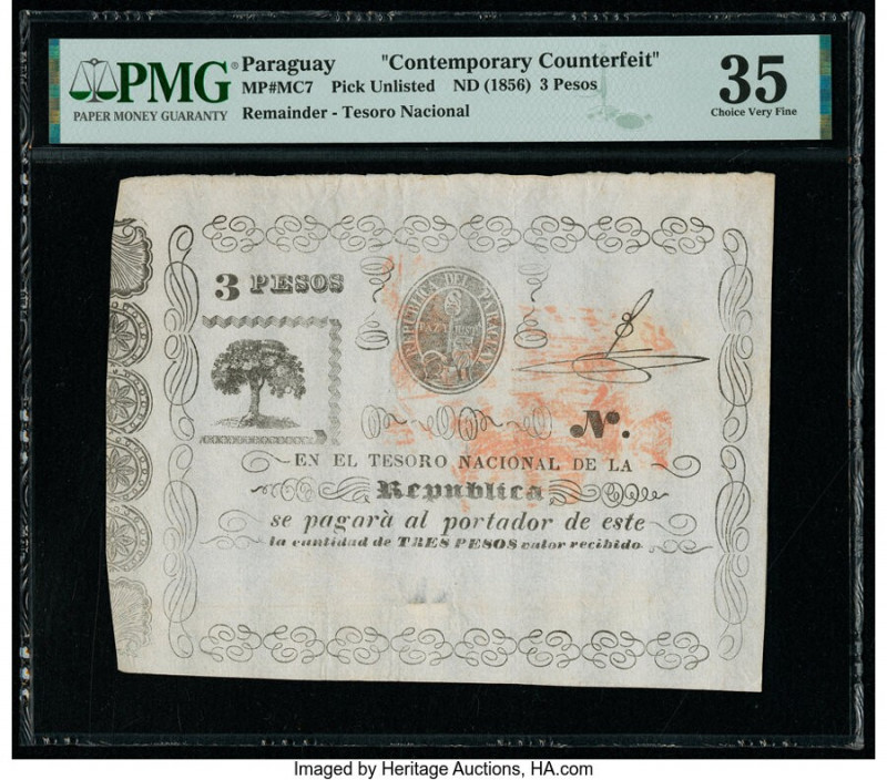 Paraguay Tesoro Nacional De La Republica 3 Pesos ND (1856) Pick UNL Contemporary...