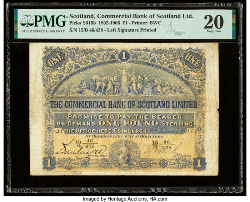 Scotland Commercial Bank of Scotland Ltd. 1 Pound 2.1.1893 Pick S315b PMG Very F...