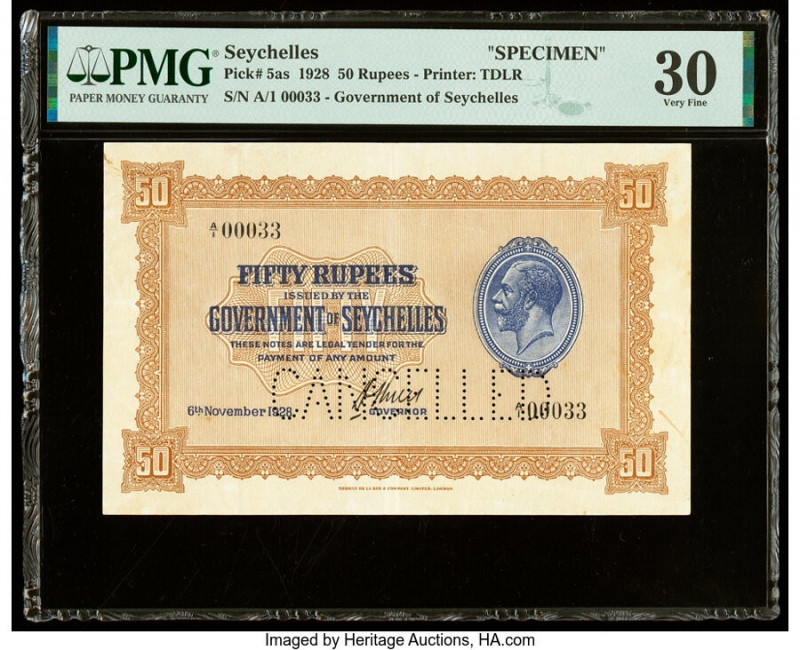 Seychelles Government of Seychelles 50 Rupees 6.11.1928 Pick 5as Specimen PMG Ve...