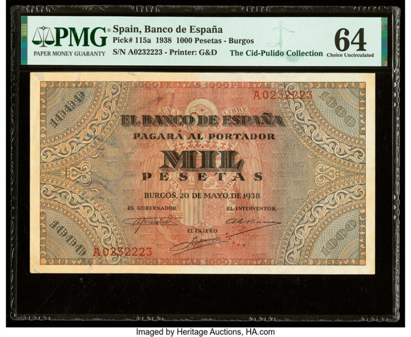 Spain Banco de Espana 1000 Pesetas 20.5.1938 Pick 115a PMG Choice Uncirculated 6...