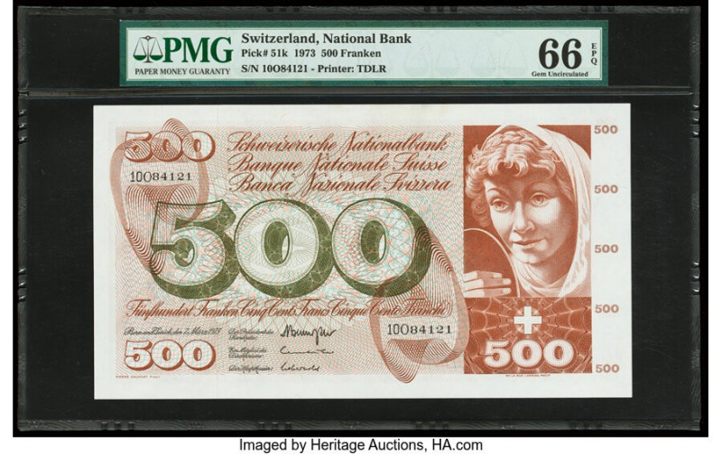 Switzerland National Bank 500 Franken 7.3.1973 Pick 51k PMG Gem Uncirculated 66 ...