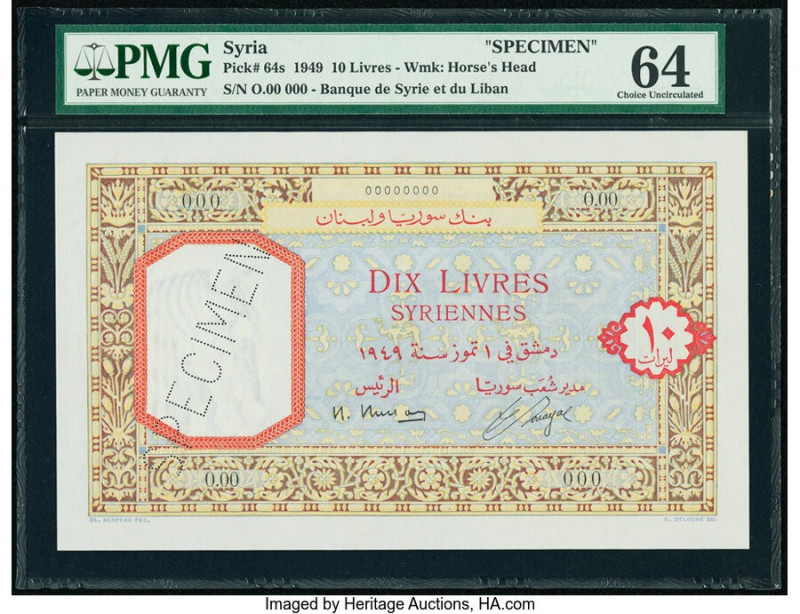 Syria Banque de Syrie et du Liban 10 Livres 1949 Pick 64s Specimen PMG Choice Un...