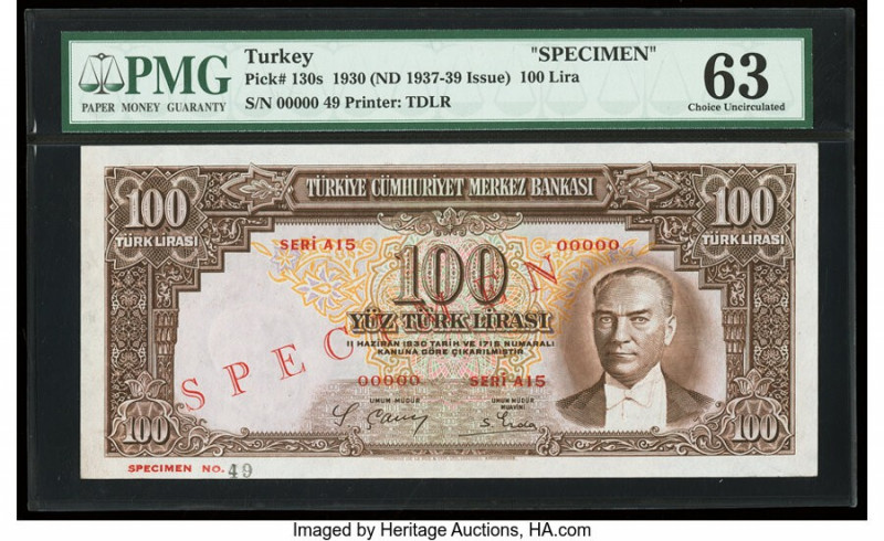 Turkey Central Bank 100 Lira 1930 (ND 1937-39) Pick 130s Specimen PMG Choice Unc...