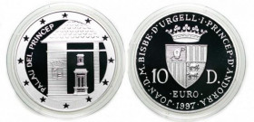 10 Dinnars AR
Andorra, Palau del Princep, Partial view of house with National crest on wall within circle of stars / Crowned shield over EURO and dat...