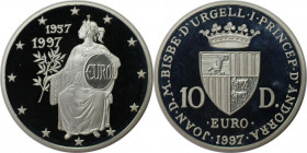 10 Dinners AR
Crowned arms, JOAN·D.M.BISBE·D'URGELL·I PRINCEP·D'ANDORRA, 10 D. ·EURO··1997·JOAN D. M. BISBE D'URGELL I PRINCEP D'ANDORRA, 10 D. EURO·...