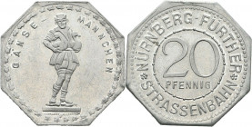 20 Pfennig Al
Notgeld, Token der Nürnberg-Fürt Tram, Gänsemännchen, 1920/1921
25 mm, 1,35 g
Menzel 19256.13