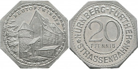 20 Pfennig Al
Notgeld, Token der Nürnberg-Fürt Tram, Neutorzwinger, 1920/1921
24 mm, 1,30 g
Men05# 19256.26