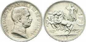 1 Lira AR
Italy, Vittorio Emanuele III (1900-1943), Bust facing right / Italia driving quadriga to left
23 mm, 5 g
Gig. 139