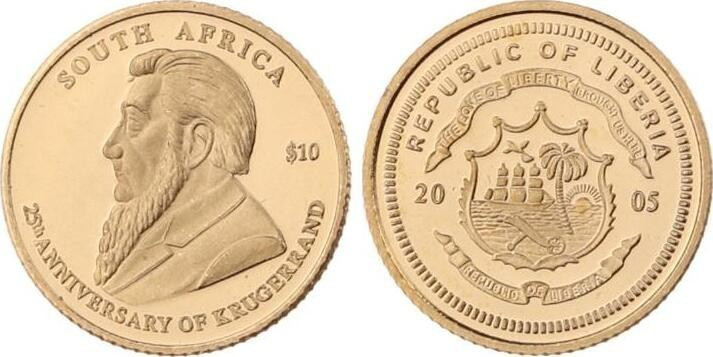 Liberia, 25th Anniversary Miniature South African Gold Krugerrand, Gold 585/1000...