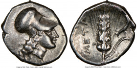 LUCANIA. Metapontum. Ca. 325-275 BC. AR diobol (11mm, 12h). NGC Choice VF. Head of Athena right, wearing Corinthian helmet pushed back on head / META,...