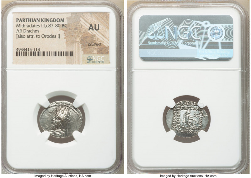 PARTHIAN KINGDOM. Mithradates III (ca. 87-80 BC). AR drachm (20mm, 1h). NGC AU, ...