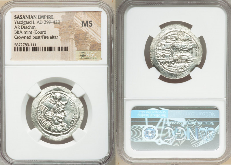 SASANIAN KINGDOM. Yazdgard (Yazdgird) I (AD 399-420). AR drachm (28mm, 3h). NGC ...