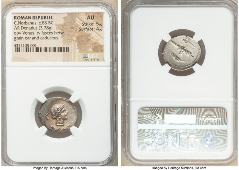 C. Norbanus (ca. 83 BC). AR denarius (20mm, 3.78 gm, 5h). NGC AU 5/5 - 4/5. Rome...