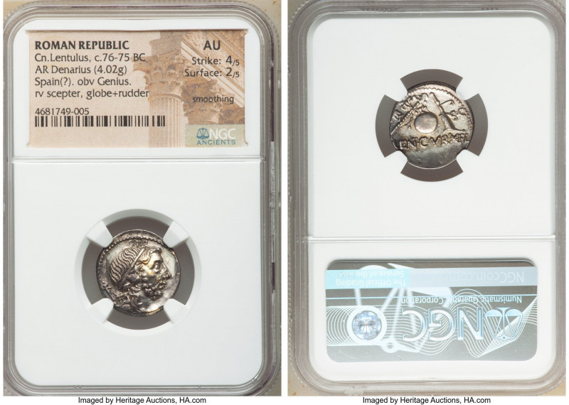 Cn. Cornelius Lentulus (ca. 76-75 BC). AR denarius (18mm, 4.02 gm, 6h). NGC AU 4...