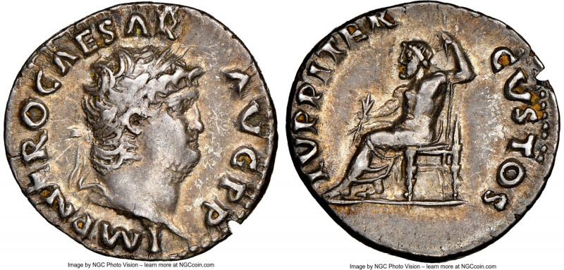 Nero (AD 54-68). AR denarius (18mm, 3.22 gm, 5h). NGC XF 5/5 - 3/5, edge cut. Ro...