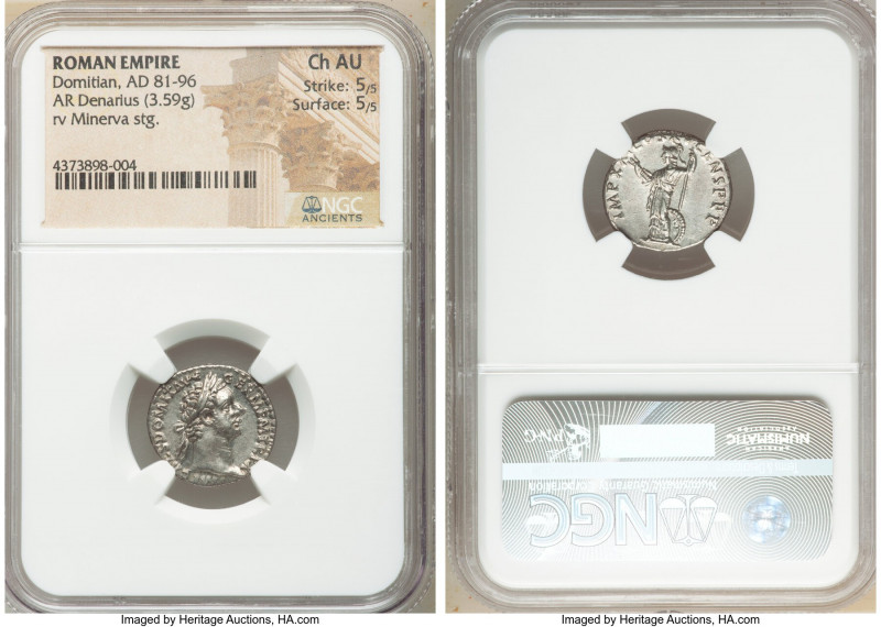 Domitian (AD 81-96). AR denarius (17mm, 3.59 gm, 6h). NGC Choice AU 5/5 - 5/5. R...