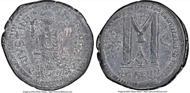 Justinian I (AD 527-565). AE follis or 40 nummi (28mm, 17.19 gm, 5h). NGC Choice...