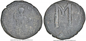 Justinian I (AD 527-565). AE Follis or 40 nummi (32mm, 7h). NGC Choice Fine, light smoothing. Antioch, 2nd officina. Justinian enthroned facing, groun...