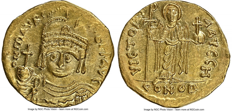 Maurice Tiberius (AD 582-602). AV solidus (20mm, 6h). NGC AU, clipped. Theoupoli...